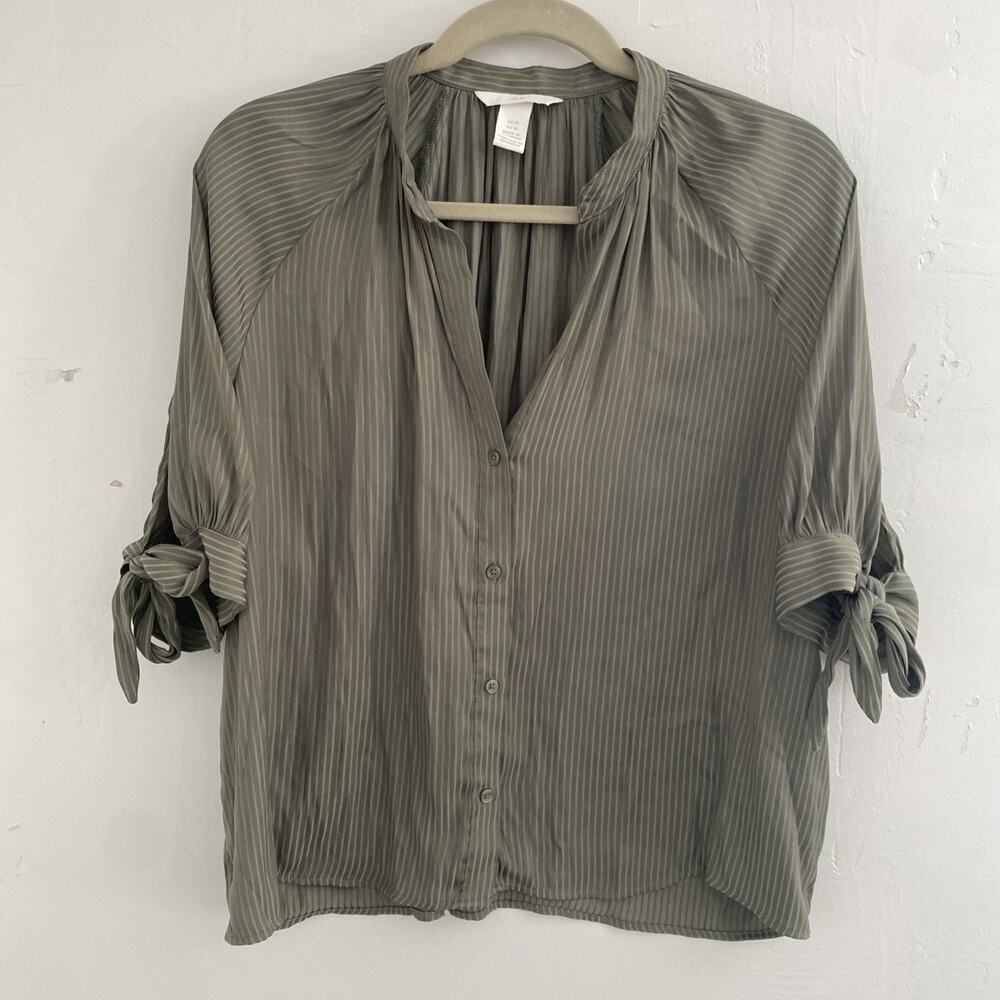 H&M Blouse Women 10 Tie Slve Slit Neck Flowy SS Green Olive Raglan Peasant Top